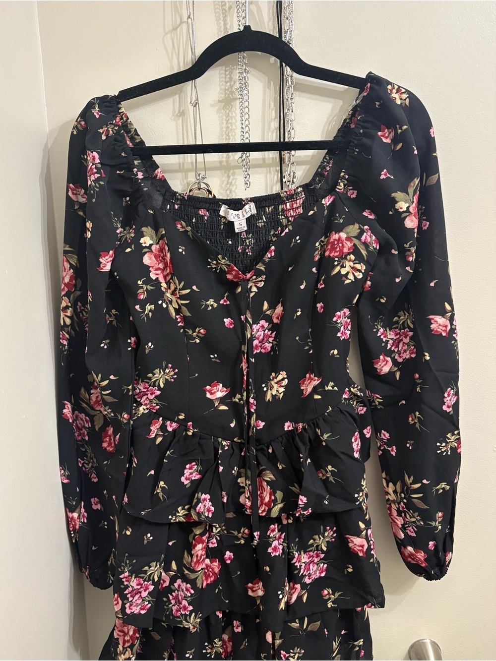 Inspired Hearts Black Floral Mini Dress with Pink and Green Accents
